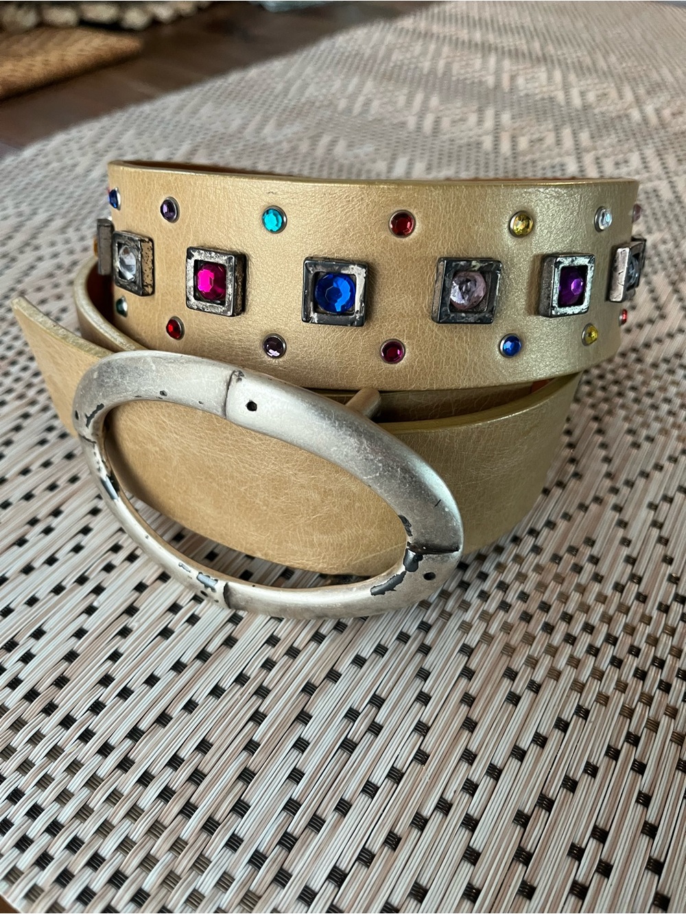 Gorgeous Vintage Claudio Orciani Embellished Leather Belt Gems Tan Western Italy